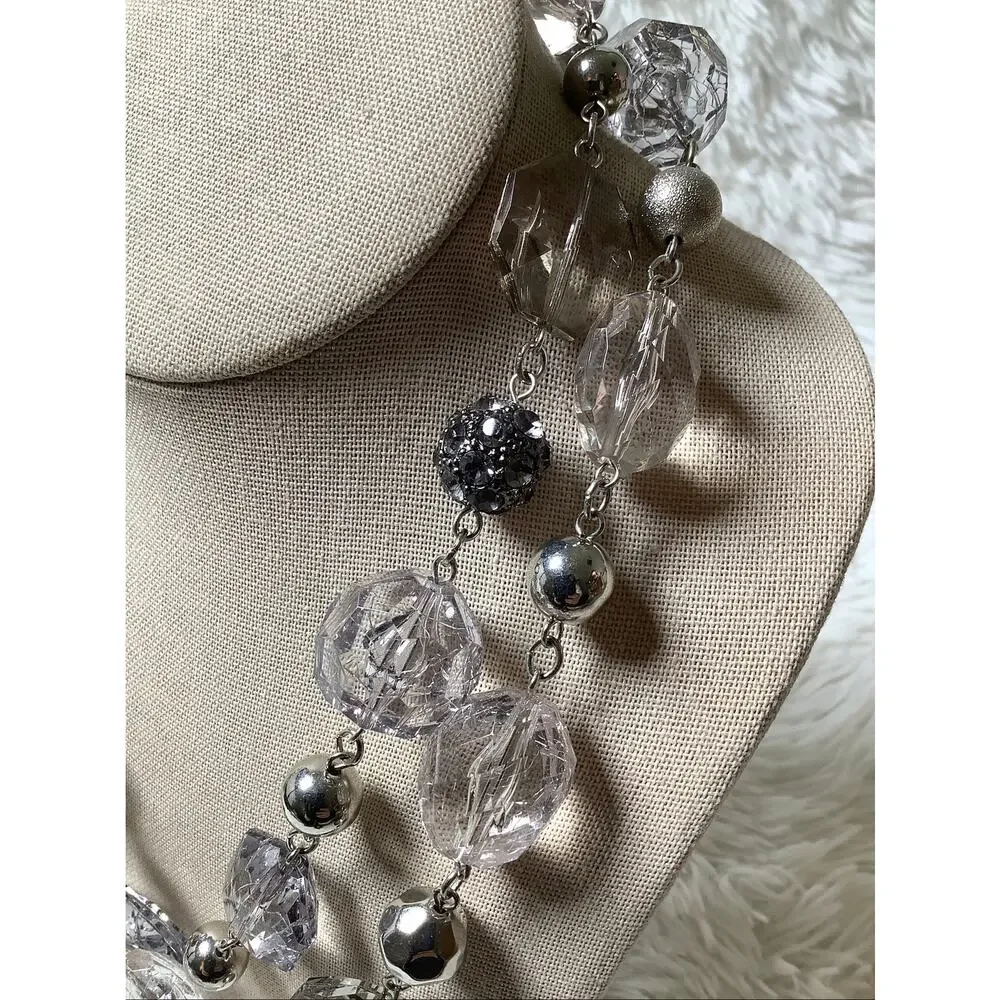 NY New York Co Silver Tone Double Strand Clear Faceted Beaded Necklace F18-59